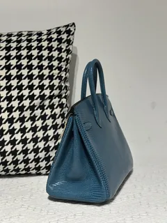 Lizard Leather Izmir Blue 25cm Gold Hardware Top Handle Tote Bag WLB087 image 4