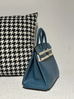 Lizard Leather Izmir Blue 25cm Gold Hardware Top Handle Tote Bag WLB087 image 5