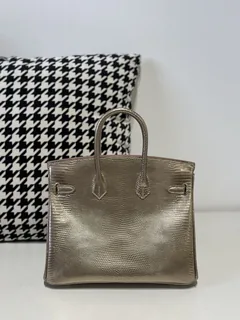 Lizard Leather Champagne 25cm Gold Hardware Top Handle Tote Bag WLB091 image 3