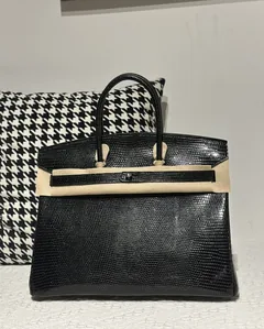 Lizard Leather Black 35cm Silver Hardware Top Handle Tote Bag WLB095 image 1