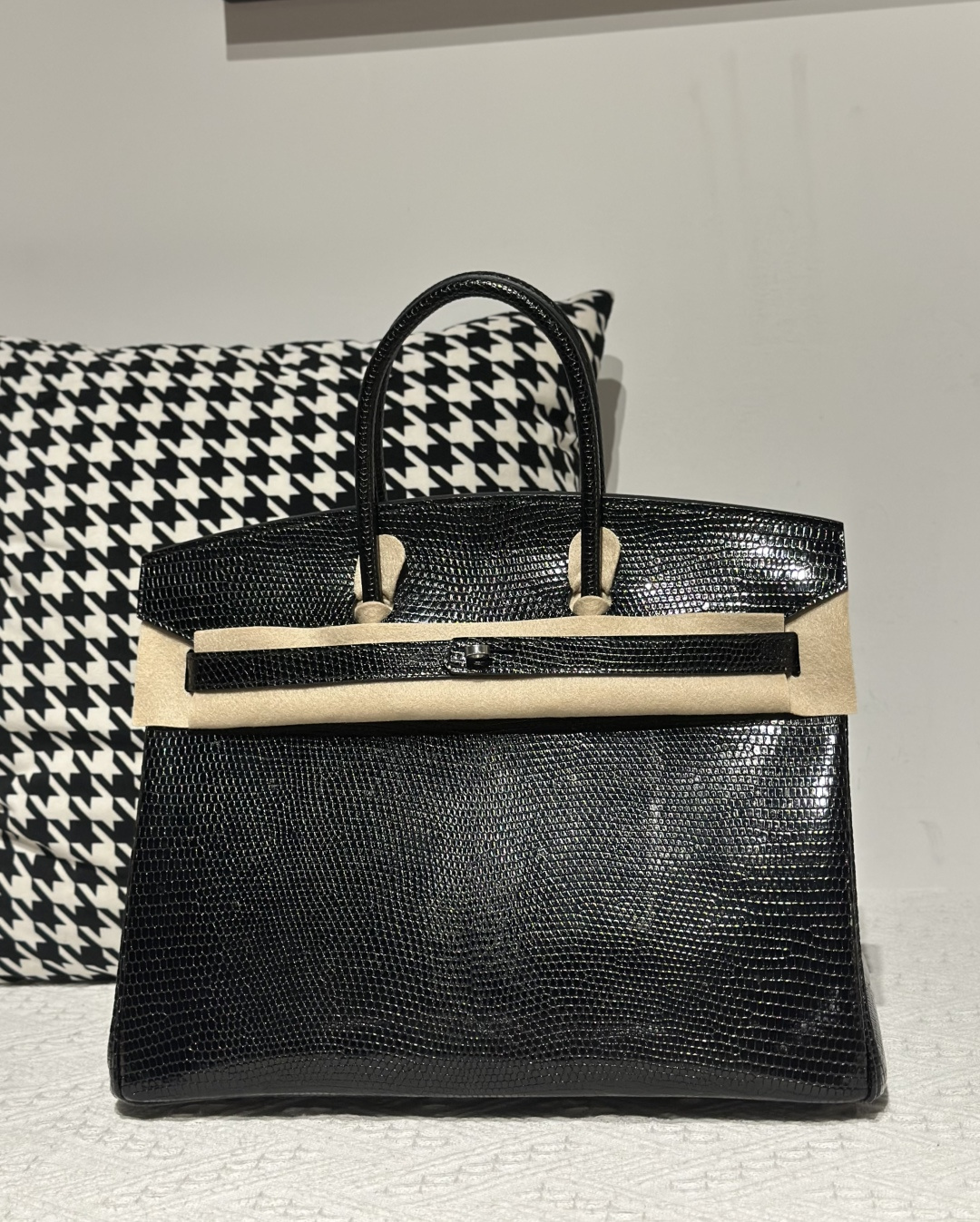 Lizard Leather Black 35cm Silver Hardware Top Handle Tote Bag WLB095