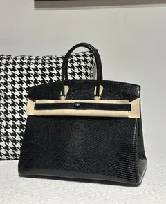 Lizard Leather Black 35cm Silver Hardware Top Handle Tote Bag WLB095 image 2