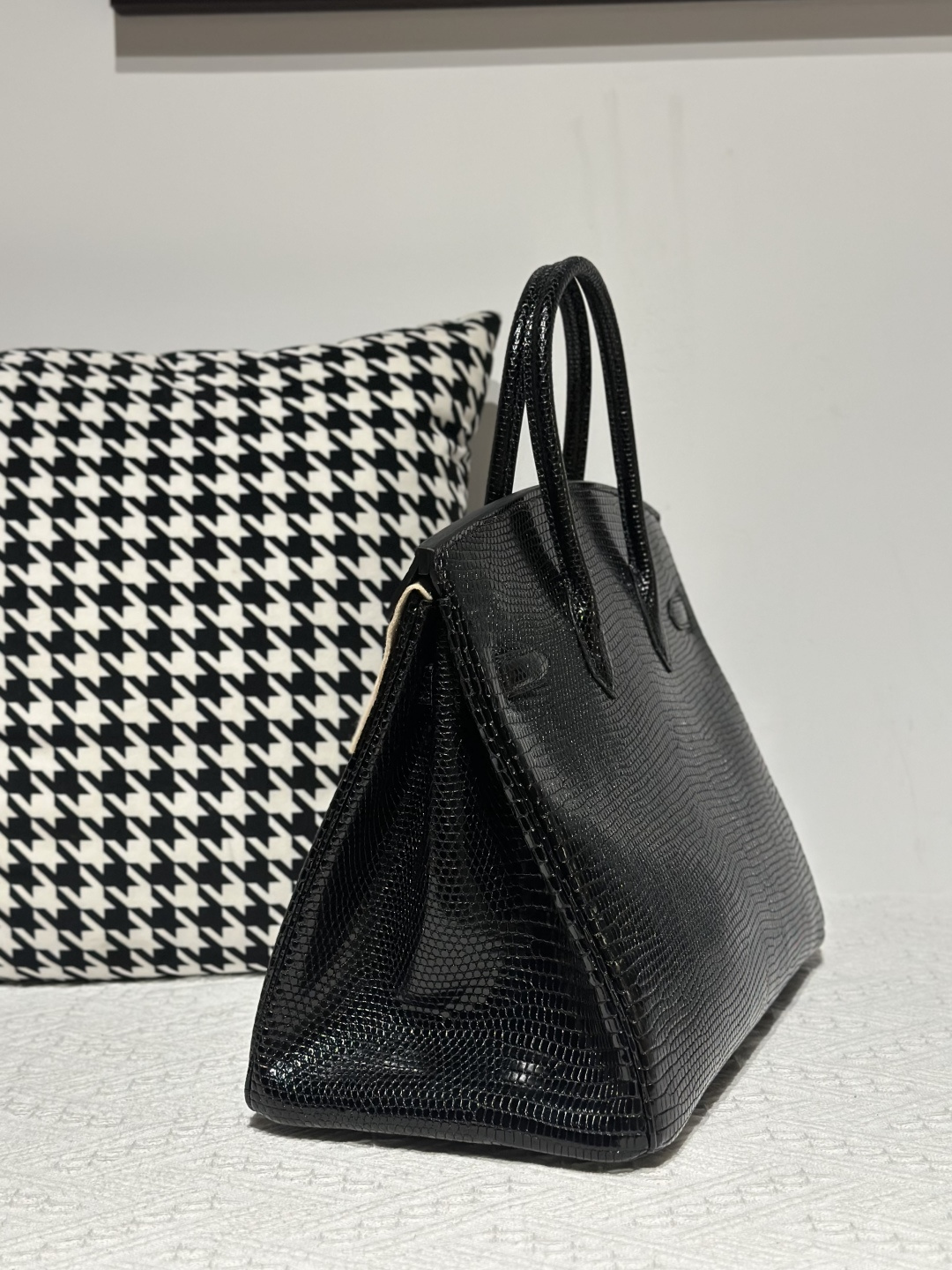 Lizard Leather Black 35cm Silver Hardware Top Handle Tote Bag WLB095 photo 4