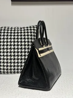 Lizard Leather Black 35cm Silver Hardware Top Handle Tote Bag WLB095 image 5