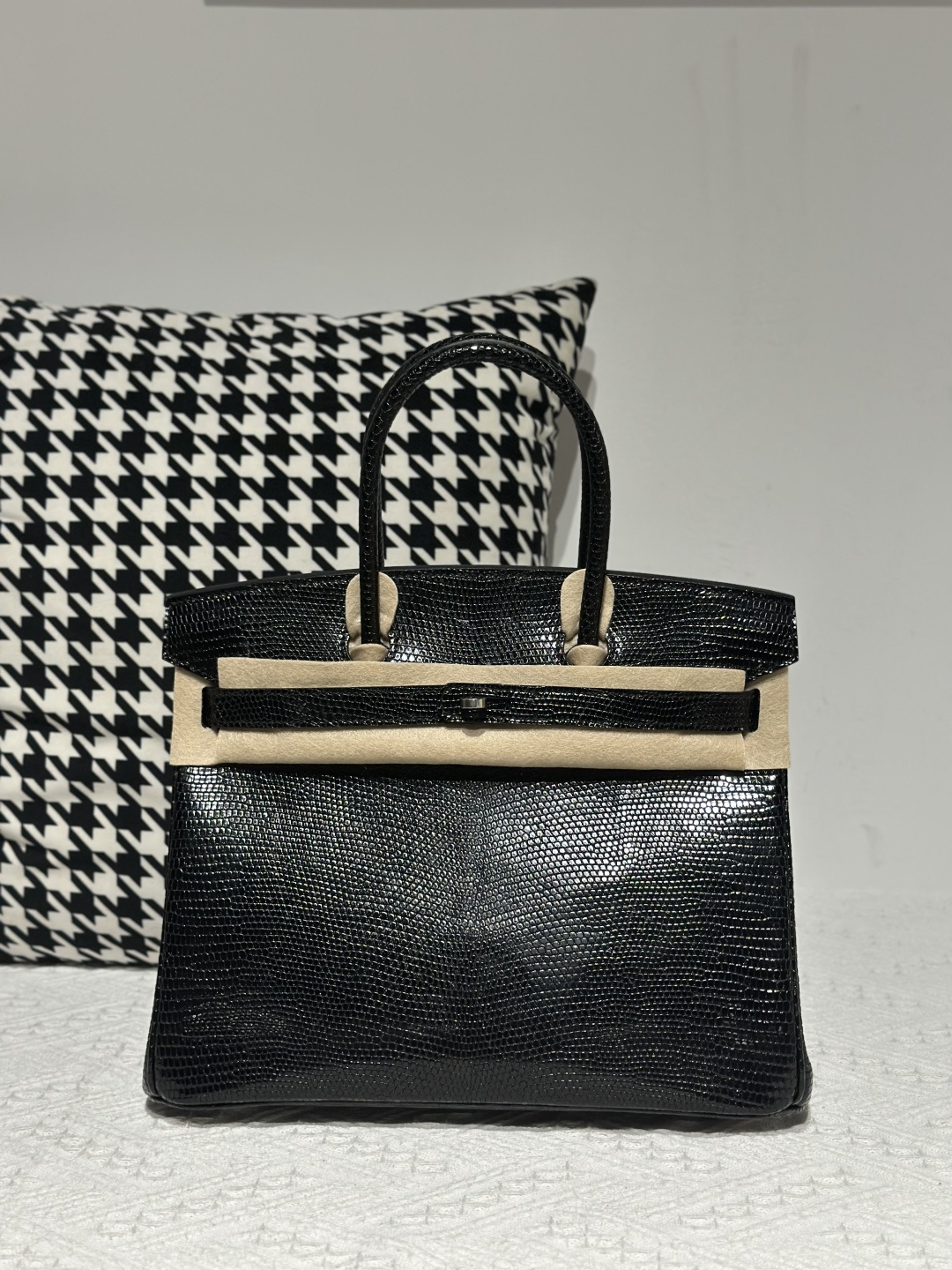 Lizard Leather Black 30cm Silver Hardware Top Handle Tote Bag WLB096