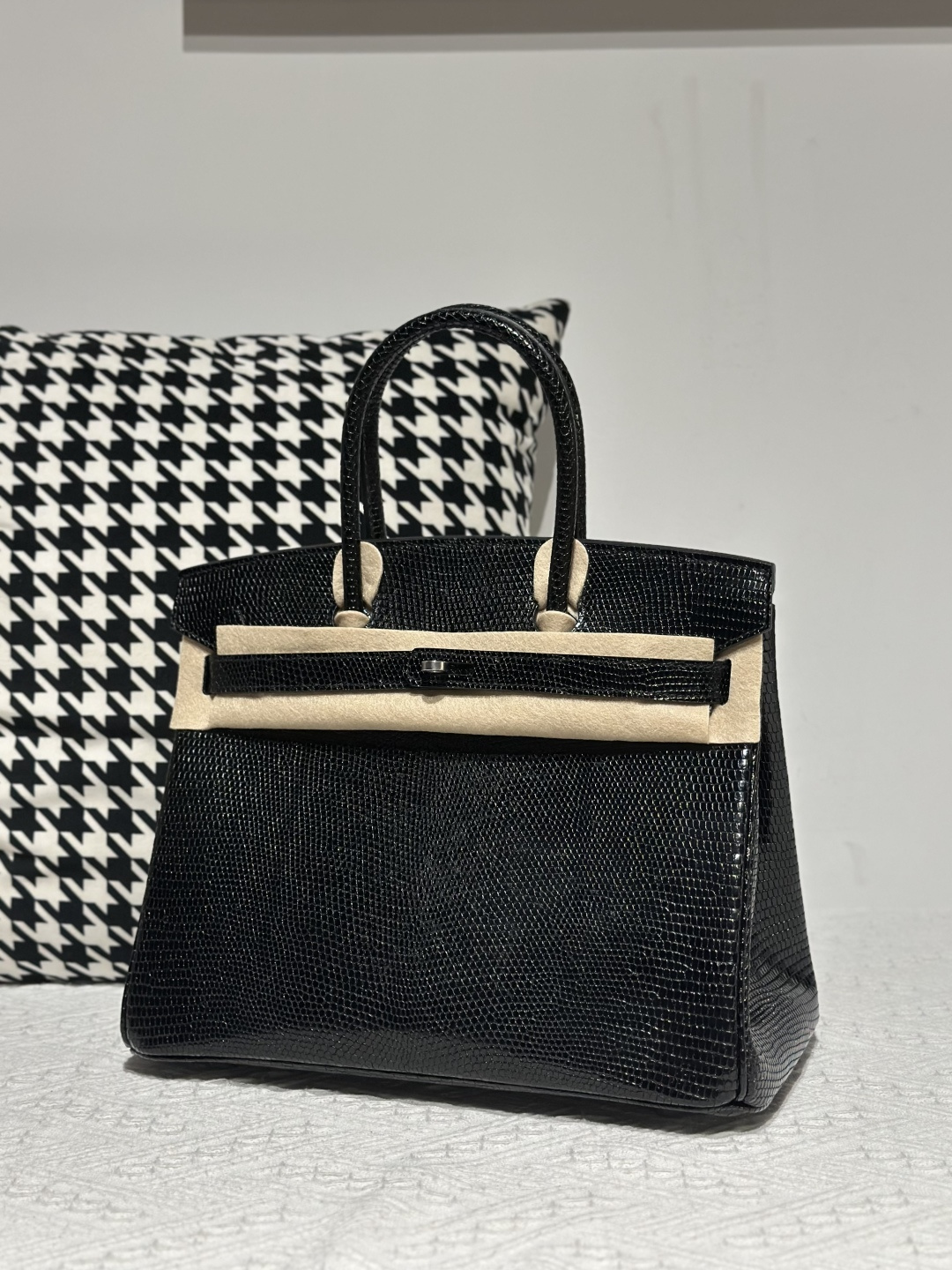 Lizard Leather Black 30cm Silver Hardware Top Handle Tote Bag WLB096 photo 2
