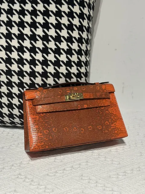 Lizard Leather Orange Gold Hardware Series I Flap Shoulder Bag WLB104