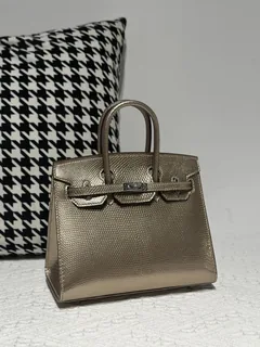 Lizard Leather Champagne 20cm Silver Hardware Top Handle Tote Bag WLB110 image 2