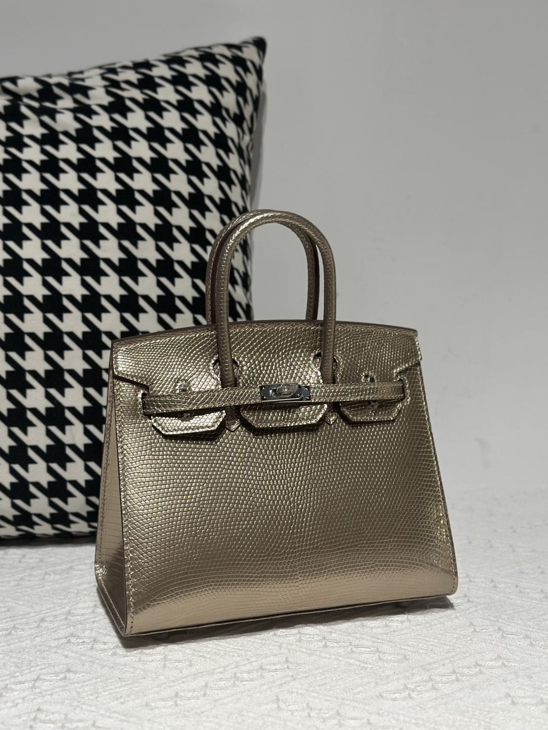 Lizard Leather Champagne 20cm Silver Hardware Top Handle Tote Bag WLB110 photo 2