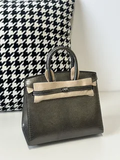 Lizard Leather Gray 20cm Silver Hardware Top Handle Tote Bag WLB116 image 2