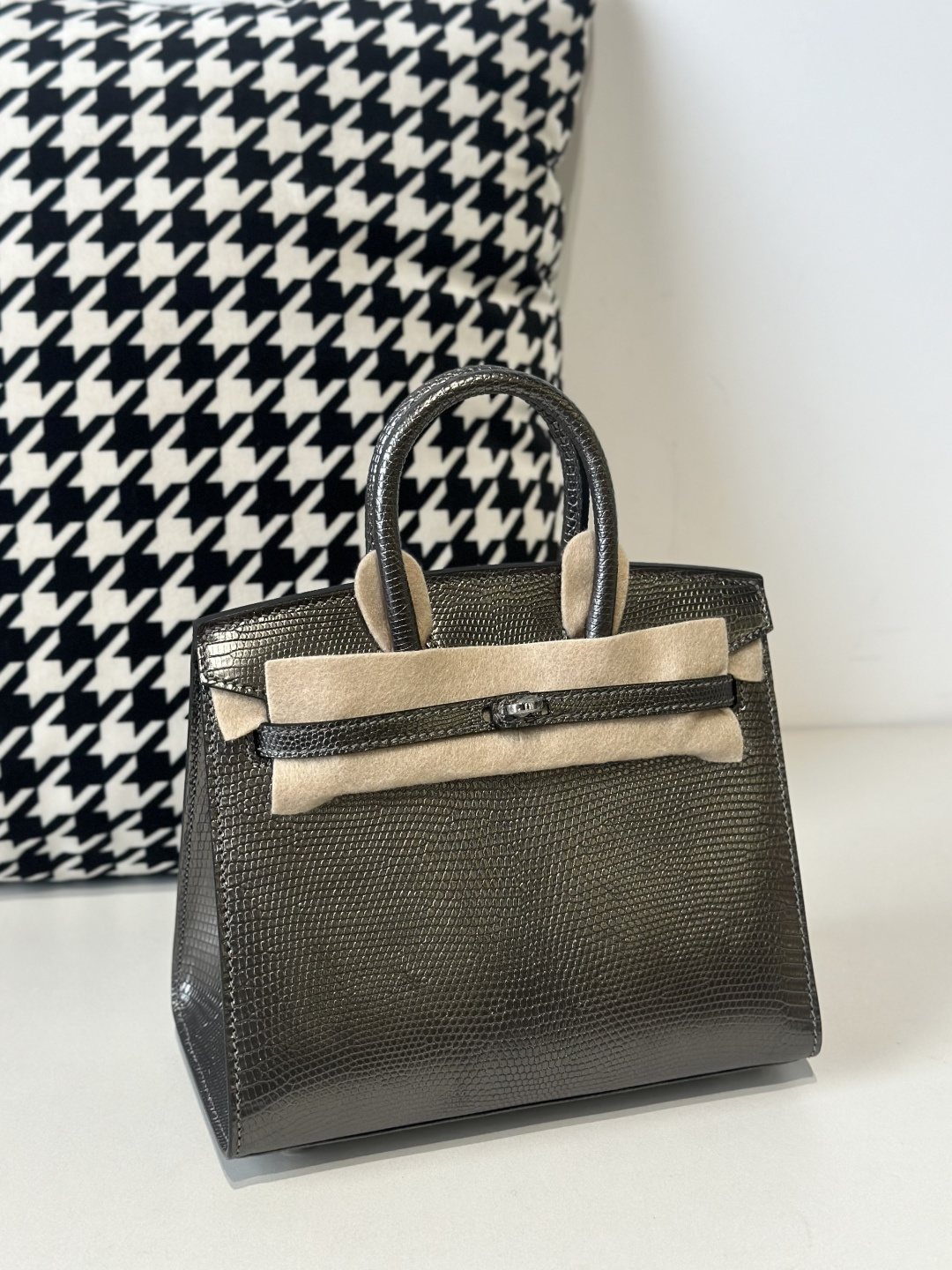 Lizard Leather Gray 20cm Silver Hardware Top Handle Tote Bag WLB116 photo 2