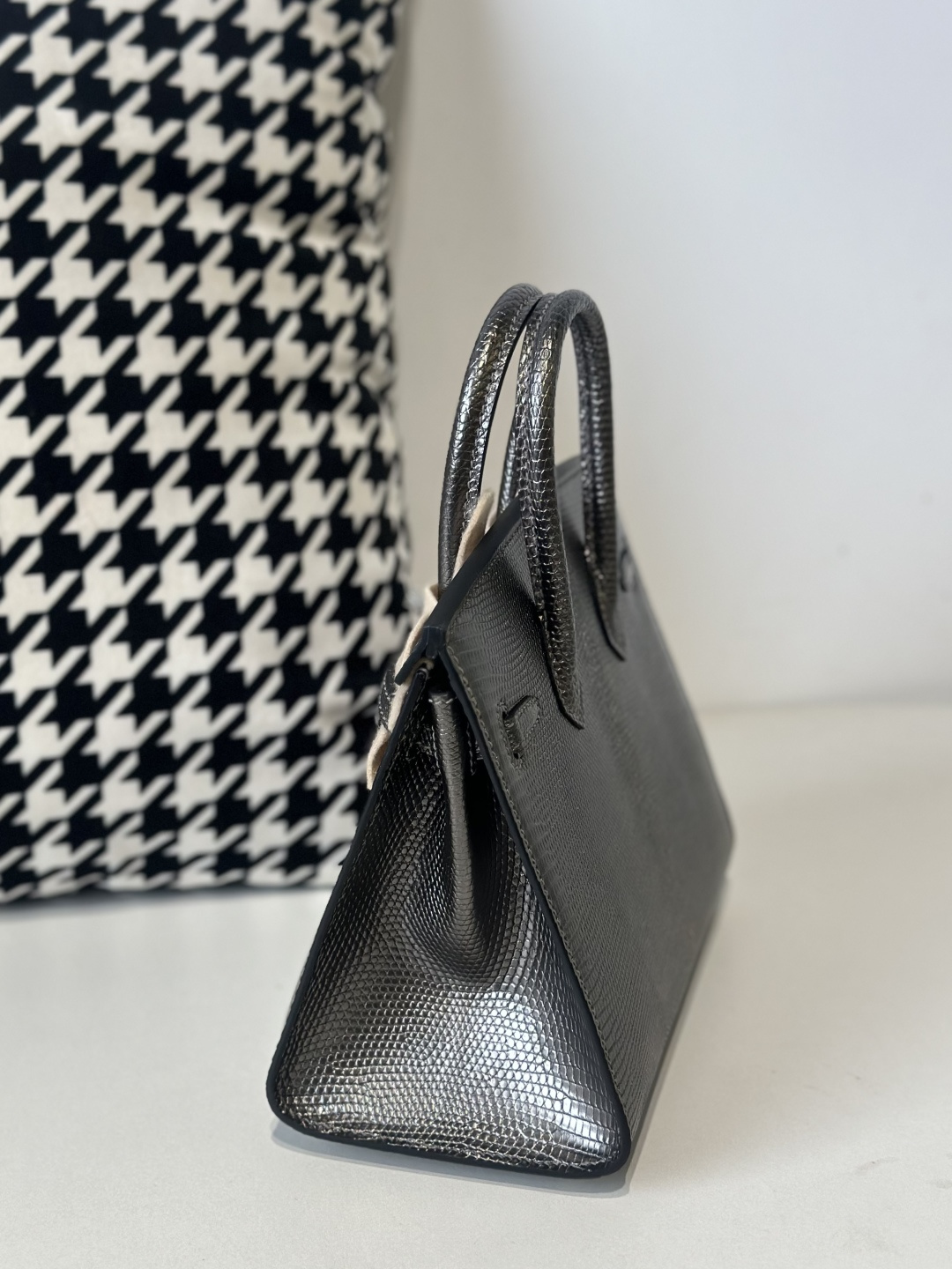Lizard Leather Gray 20cm Silver Hardware Top Handle Tote Bag WLB116 photo 4