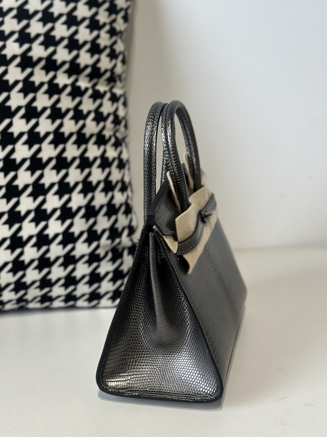 Lizard Leather Gray 20cm Silver Hardware Top Handle Tote Bag WLB116 photo 5