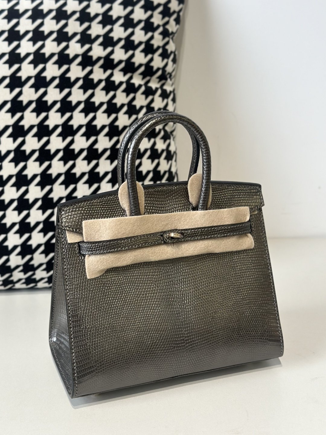 Lizard Leather Gray 20cm Gold Hardware Top Handle Tote Bag WLB117 photo 2