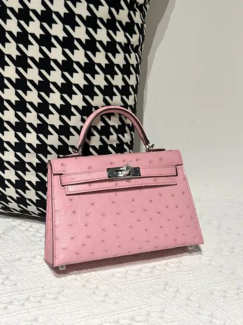 Ostrich Leather Bubble Pink Silver Hardware Series II Top Handle Bag WOB002