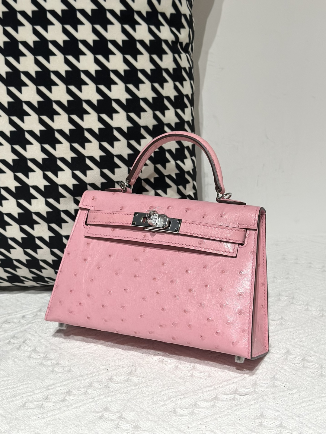 Ostrich Leather Bubble Pink Silver Hardware Series II Top Handle Bag WOB002 photo 2