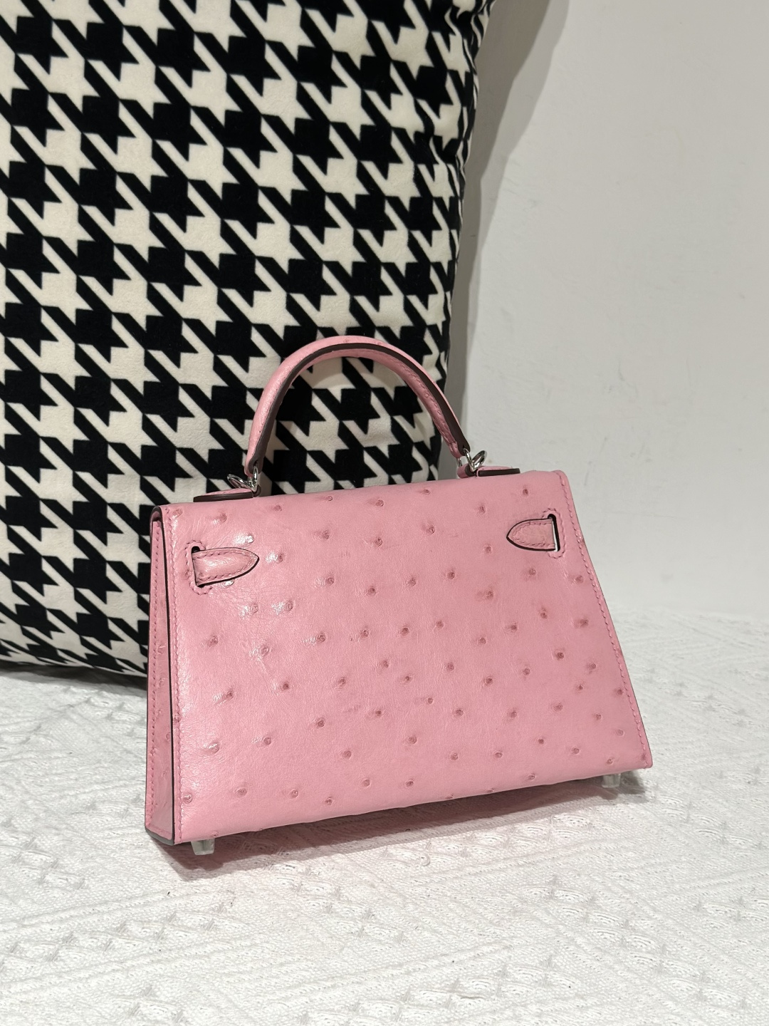 Ostrich Leather Bubble Pink Silver Hardware Series II Top Handle Bag WOB002 photo 3