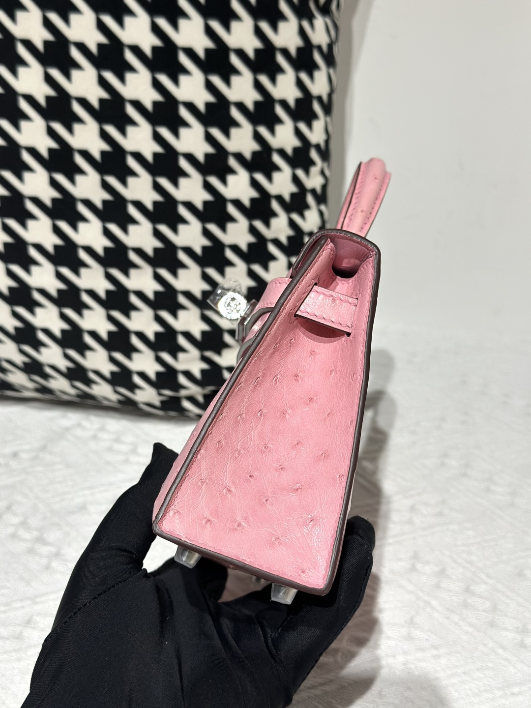Ostrich Leather Bubble Pink Silver Hardware Series II Top Handle Bag WOB002 photo 4