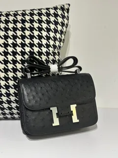 Ostrich Leather Black 23cm Silver Hardware Flap Shoulder Bag WOB003 image 1