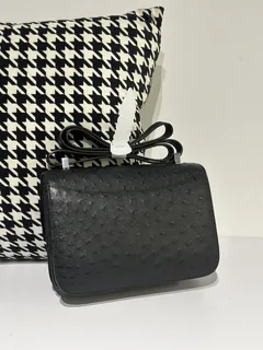 Ostrich Leather Black 23cm Silver Hardware Flap Shoulder Bag WOB003 image 3