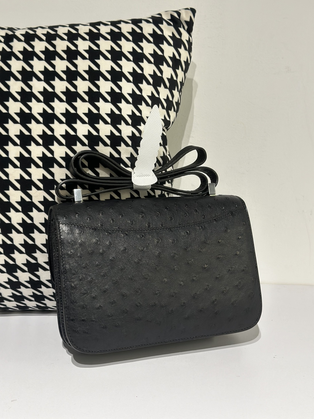 Ostrich Leather Black 23cm Silver Hardware Flap Shoulder Bag WOB003 image 3
