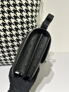 Ostrich Leather Black 23cm Silver Hardware Flap Shoulder Bag WOB003 image 4