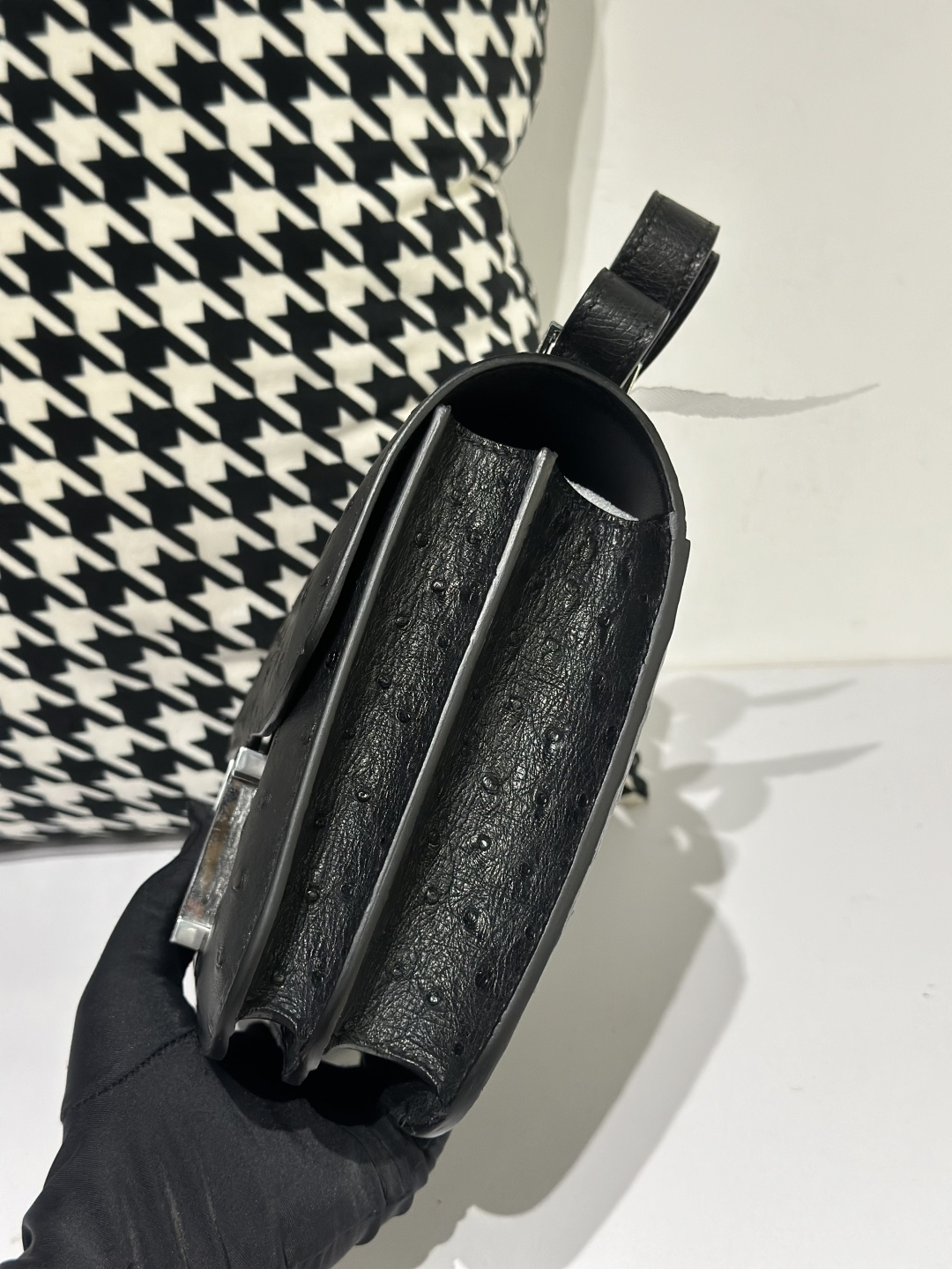 Ostrich Leather Black 23cm Silver Hardware Flap Shoulder Bag WOB003 image 5