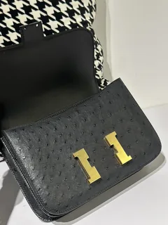 Ostrich Leather Black 23cm Gold Hardware Flap Shoulder Bag WOB004 image 2