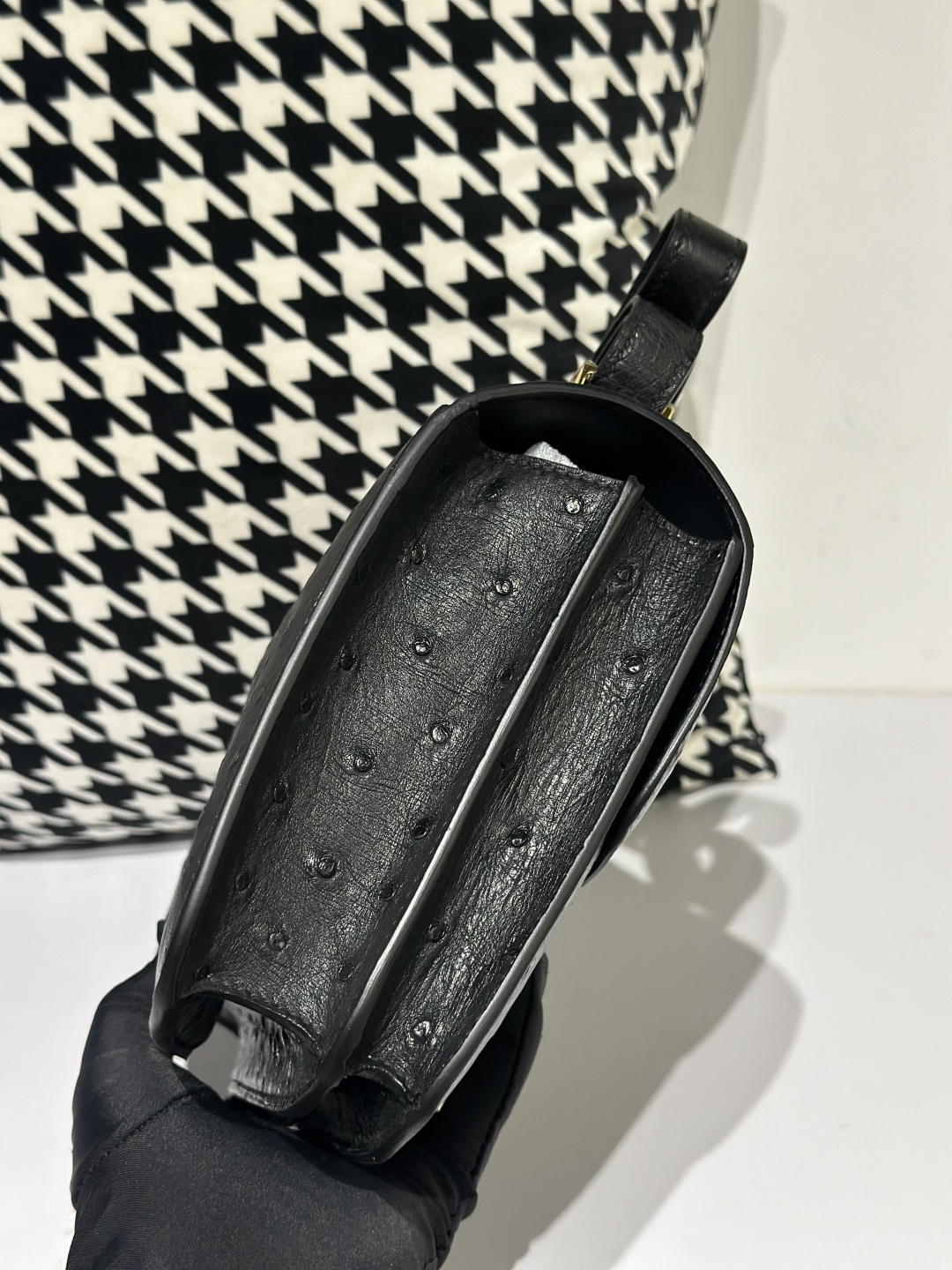 Ostrich Leather Black 23cm Gold Hardware Flap Shoulder Bag WOB004 image 5