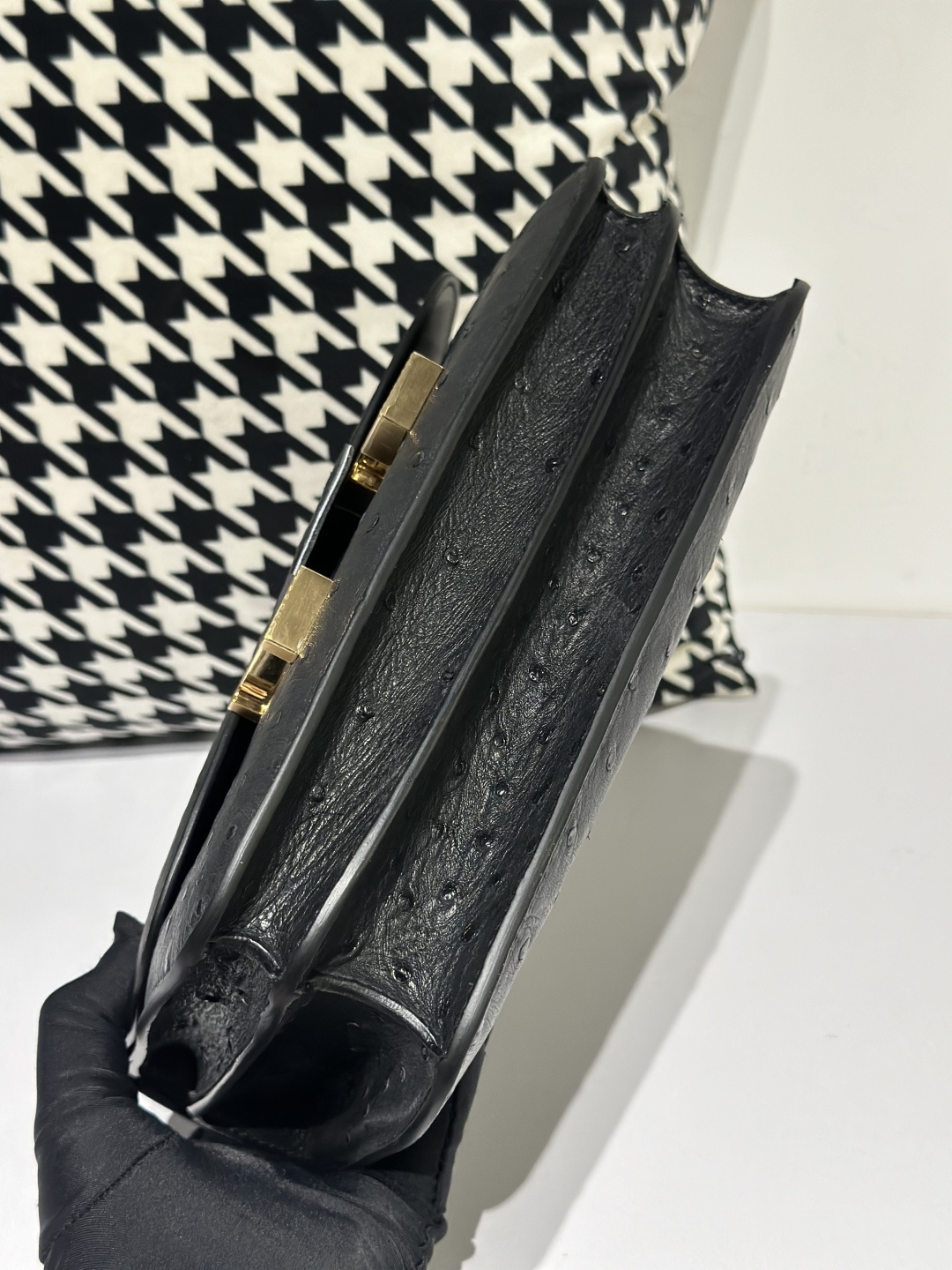 Ostrich Leather Black 23cm Gold Hardware Flap Shoulder Bag WOB004 image 6