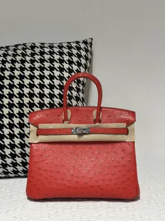 Ostrich Leather Red 25cm Silver Hardware Top Handle Tote Bag WOB007 image 1