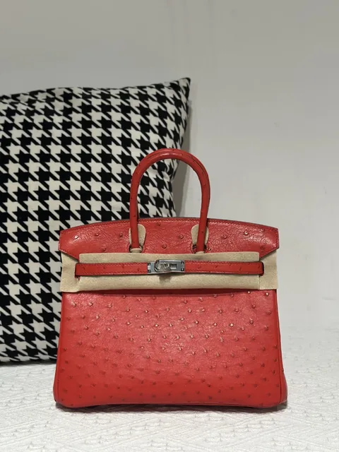 Ostrich Leather Red 25cm Silver Hardware Top Handle Tote Bag WOB007