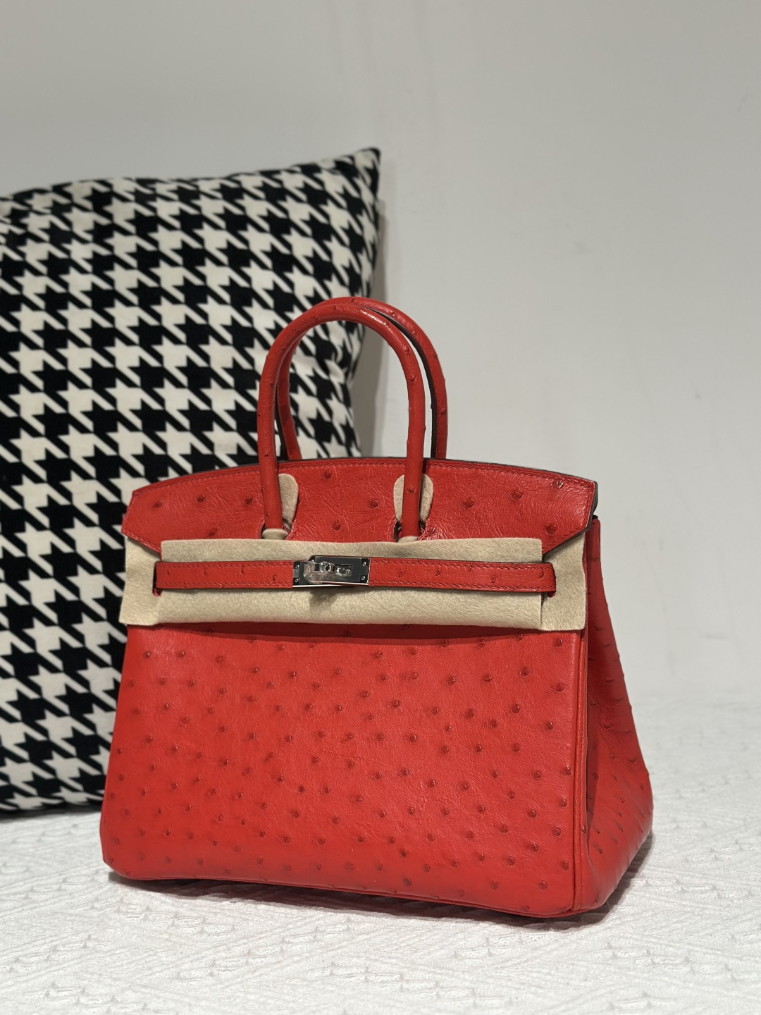 Ostrich Leather Red 25cm Silver Hardware Top Handle Tote Bag WOB007 photo 2
