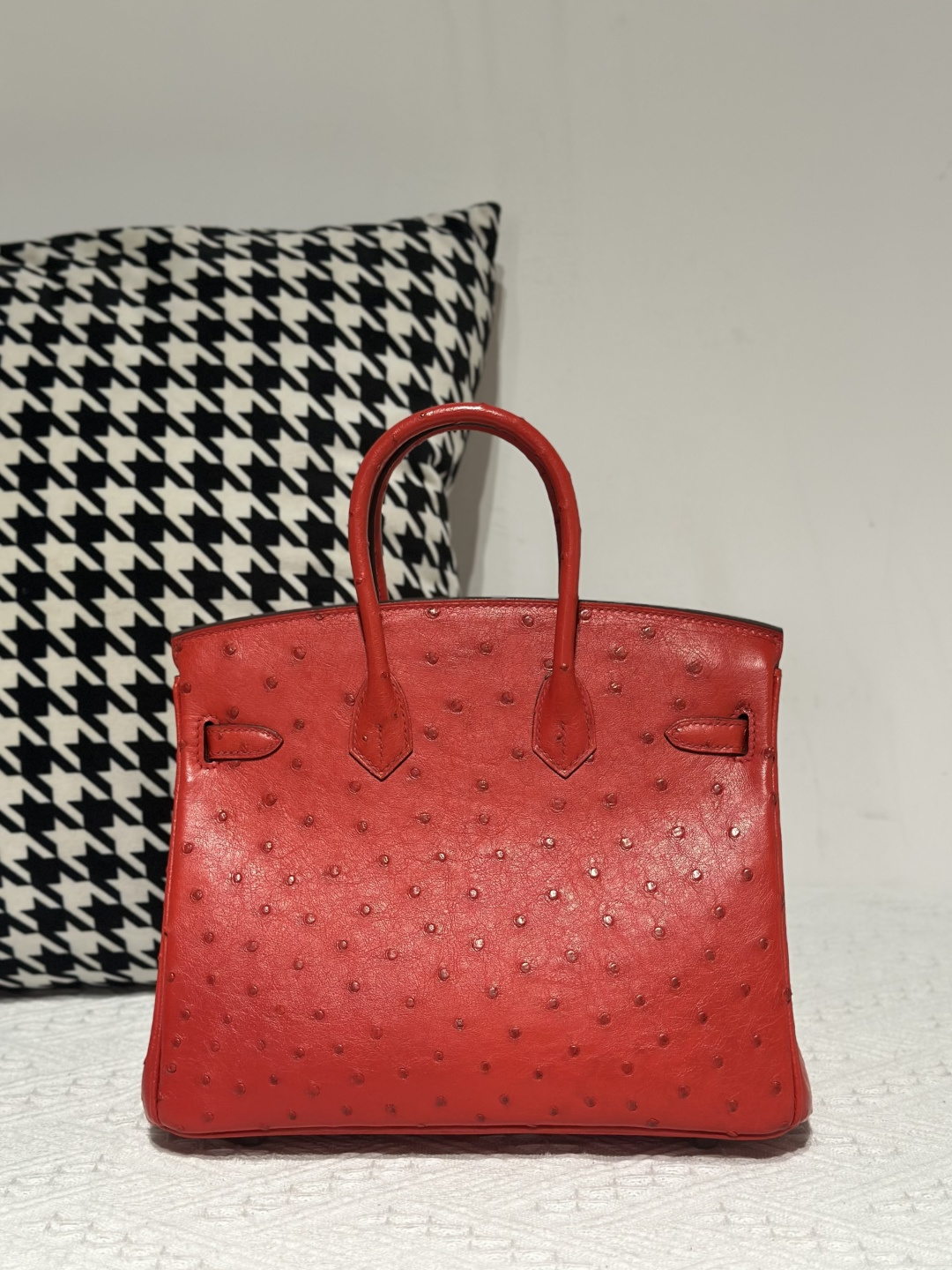 Ostrich Leather Red 25cm Silver Hardware Top Handle Tote Bag WOB007 photo 3