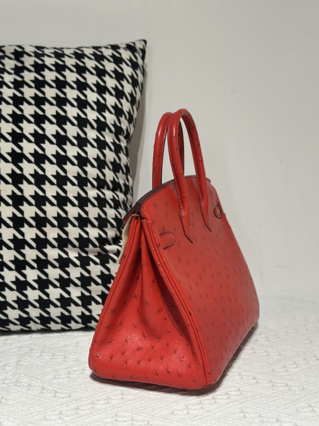 Ostrich Leather Red 25cm Silver Hardware Top Handle Tote Bag WOB007 photo 4