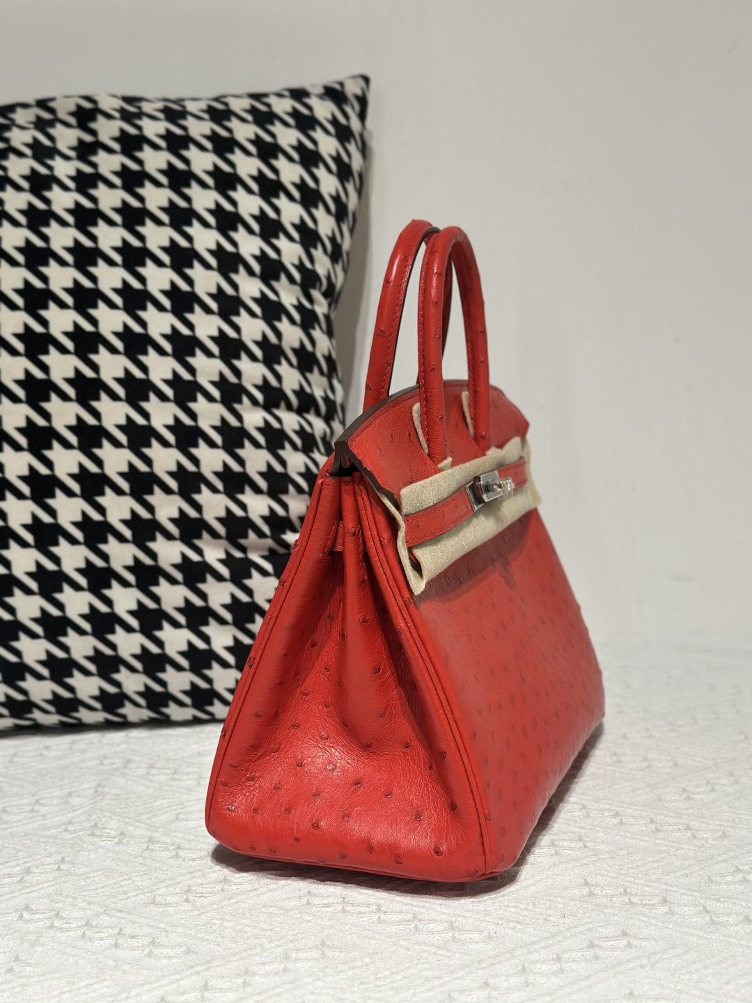 Ostrich Leather Red 25cm Silver Hardware Top Handle Tote Bag WOB007 photo 5