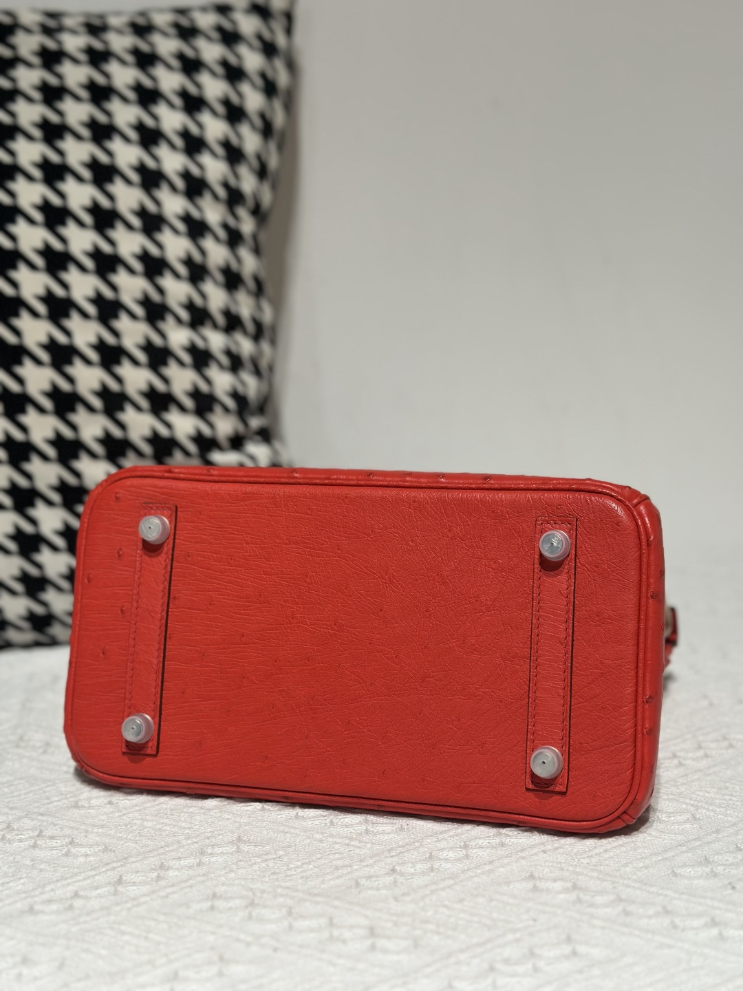 Ostrich Leather Red 25cm Silver Hardware Top Handle Tote Bag WOB007 photo 6