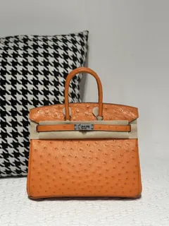 Ostrich Leather Orange 25cm Silver Hardware Top Handle Tote Bag WOB008 image 1