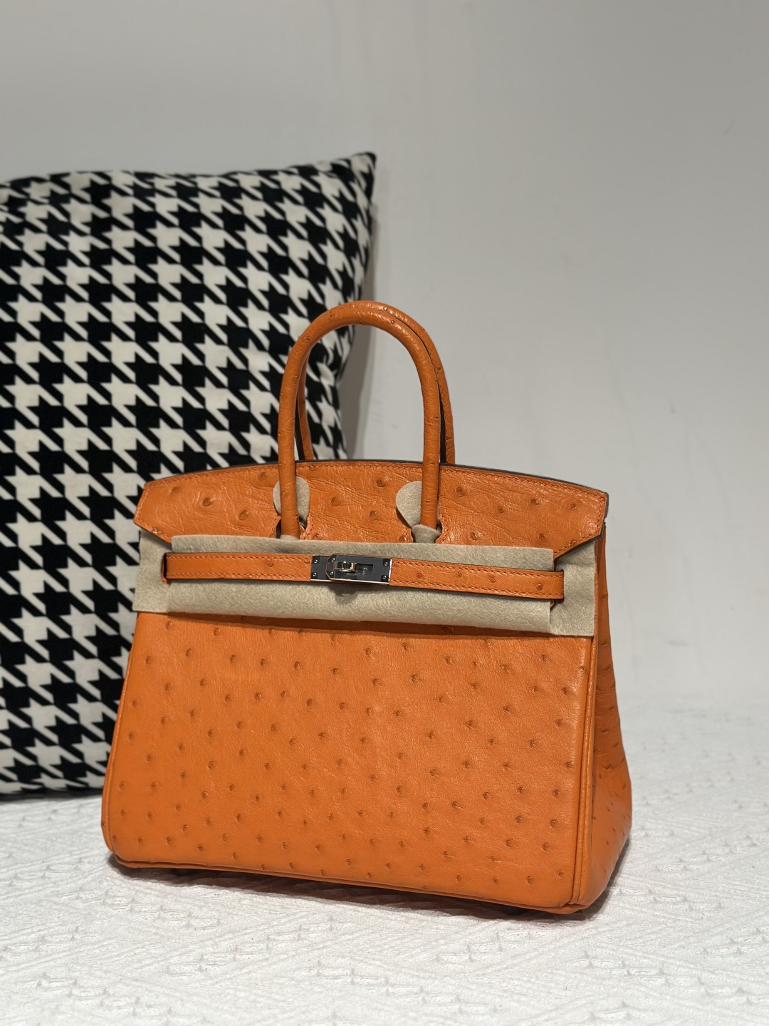 Ostrich Leather Orange 25cm Silver Hardware Top Handle Tote Bag WOB008 photo 2