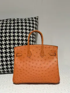 Ostrich Leather Orange 25cm Silver Hardware Top Handle Tote Bag WOB008 image 3