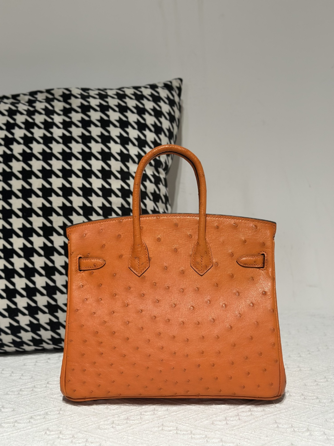 Ostrich Leather Orange 25cm Silver Hardware Top Handle Tote Bag WOB008 photo 3