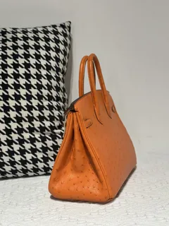 Ostrich Leather Orange 25cm Silver Hardware Top Handle Tote Bag WOB008 image 4