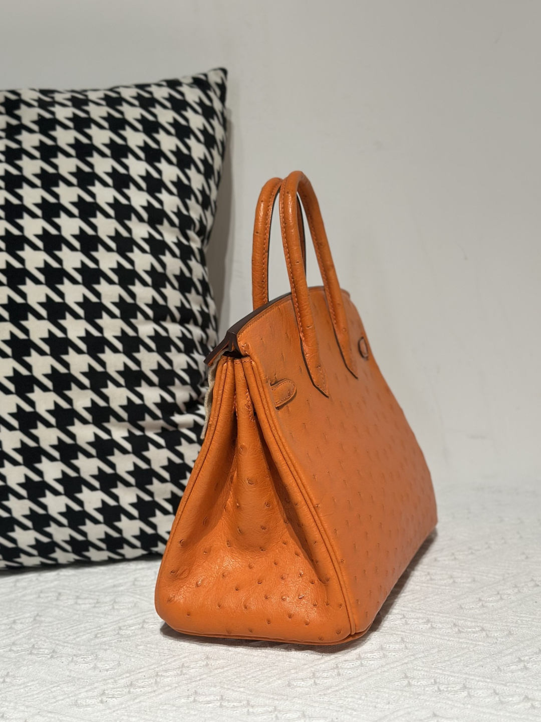 Ostrich Leather Orange 25cm Silver Hardware Top Handle Tote Bag WOB008 photo 4