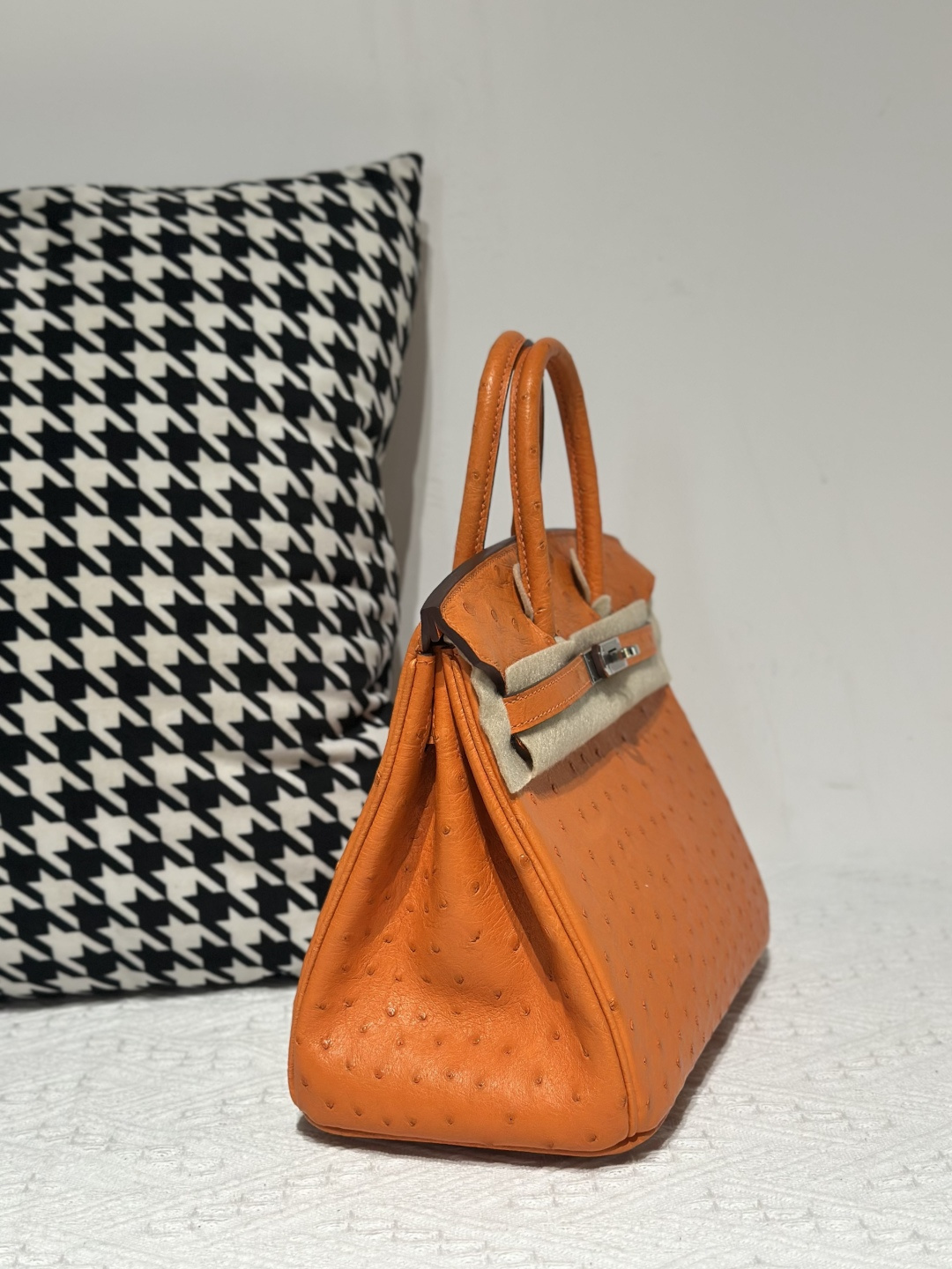 Ostrich Leather Orange 25cm Silver Hardware Top Handle Tote Bag WOB008 photo 5