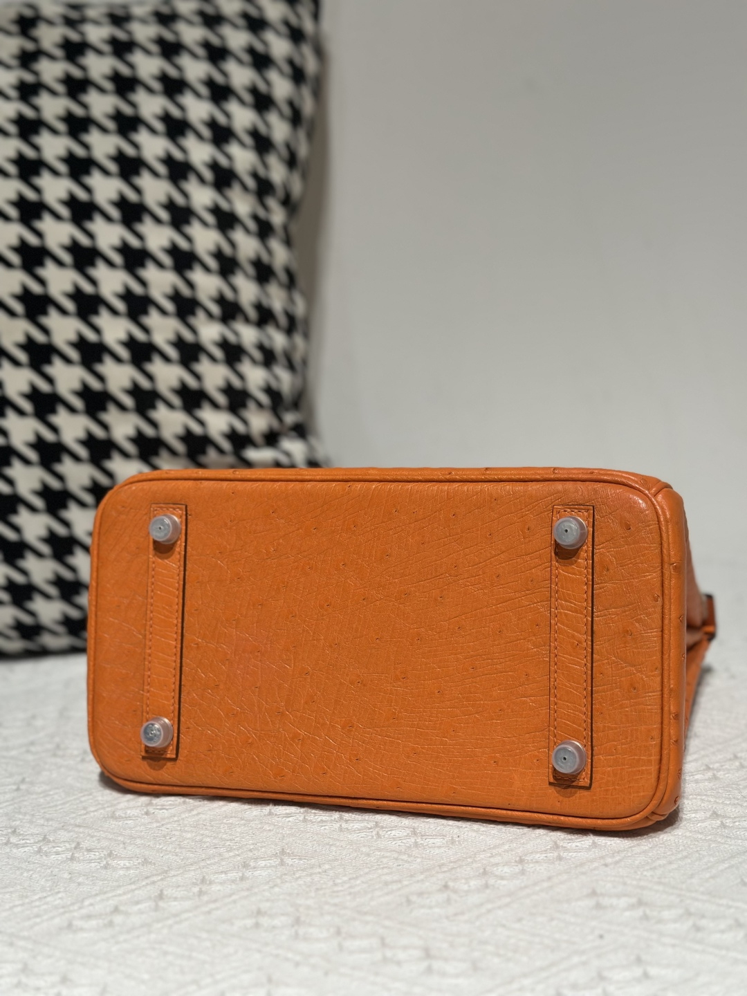 Ostrich Leather Orange 25cm Silver Hardware Top Handle Tote Bag WOB008 photo 6