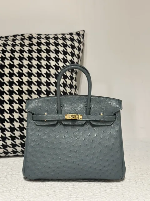 Ostrich Leather Denim Blue 25cm Gold Hardware Top Handle Tote Bag WOB009