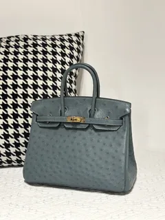 Ostrich Leather Denim Blue 25cm Gold Hardware Top Handle Tote Bag WOB009 image 2