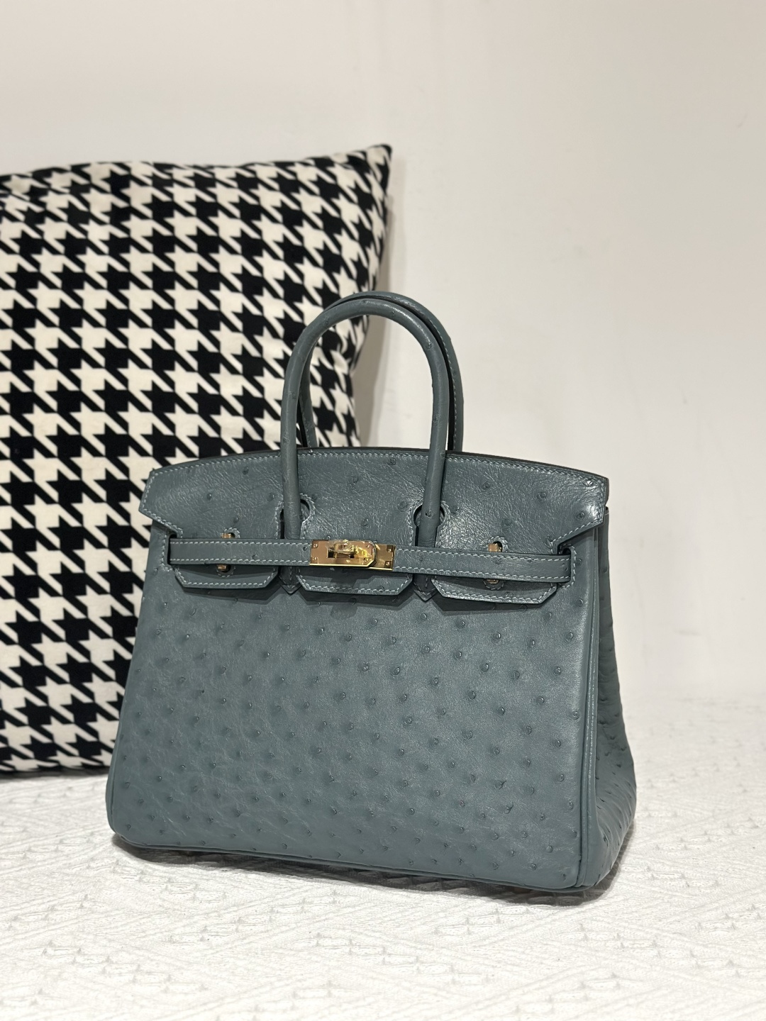 Ostrich Leather Denim Blue 25cm Gold Hardware Top Handle Tote Bag WOB009 photo 2