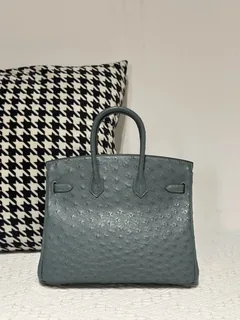 Ostrich Leather Denim Blue 25cm Gold Hardware Top Handle Tote Bag WOB009 image 3