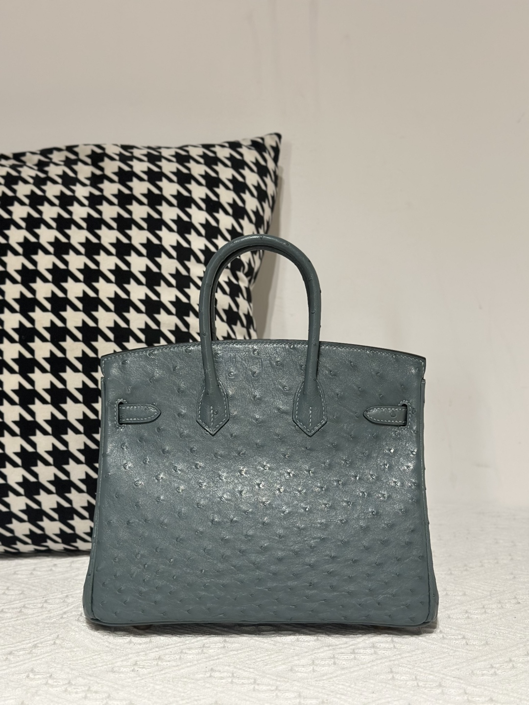Ostrich Leather Denim Blue 25cm Gold Hardware Top Handle Tote Bag WOB009 photo 3